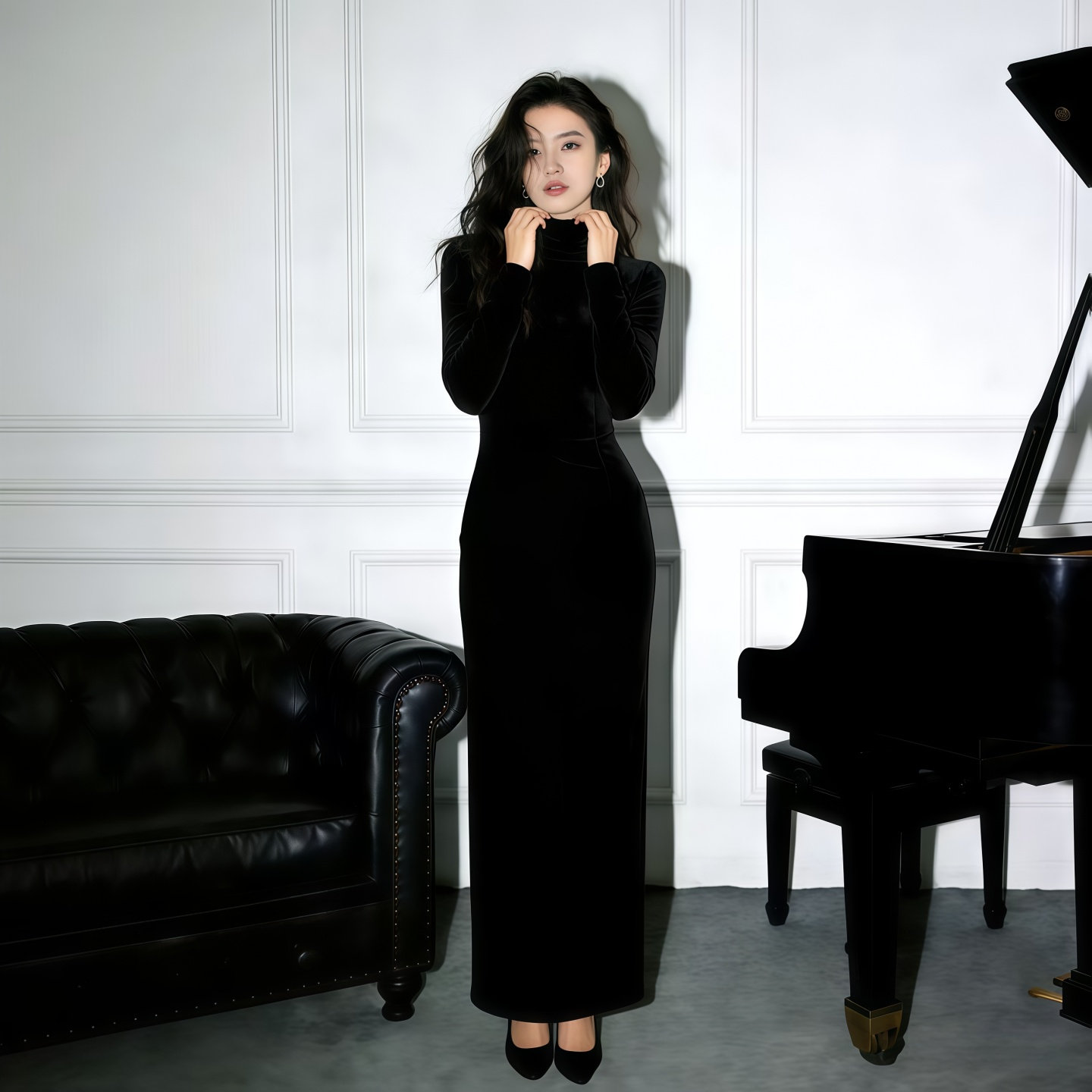 春秋新款赫本风黑色丝绒长袖连衣裙女收腰半高领气质宴会礼服长裙