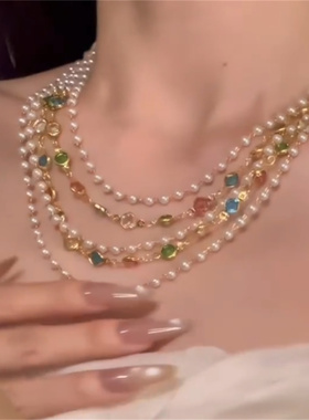 水晶珍珠多层项链气质叠戴锁骨链