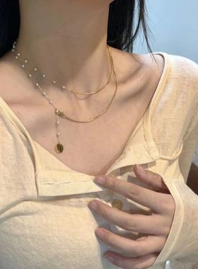 法式浪漫双层珍珠流苏蛇骨项链