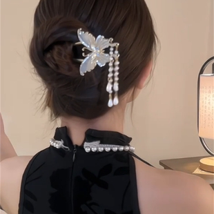 YFEIFEIE新中式气质蝴蝶珍珠流苏U型发簪女精致盘发簪子发钗头饰