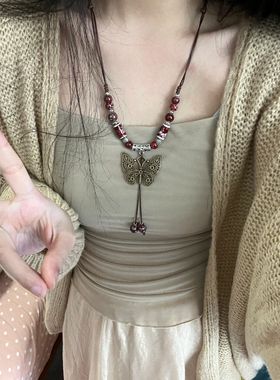 民族风陶瓷蝴蝶铃铛项链女