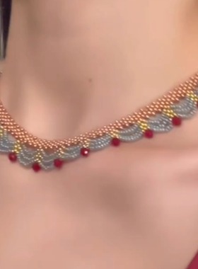 新中式多层蕾丝红蓝撞色项链颈链