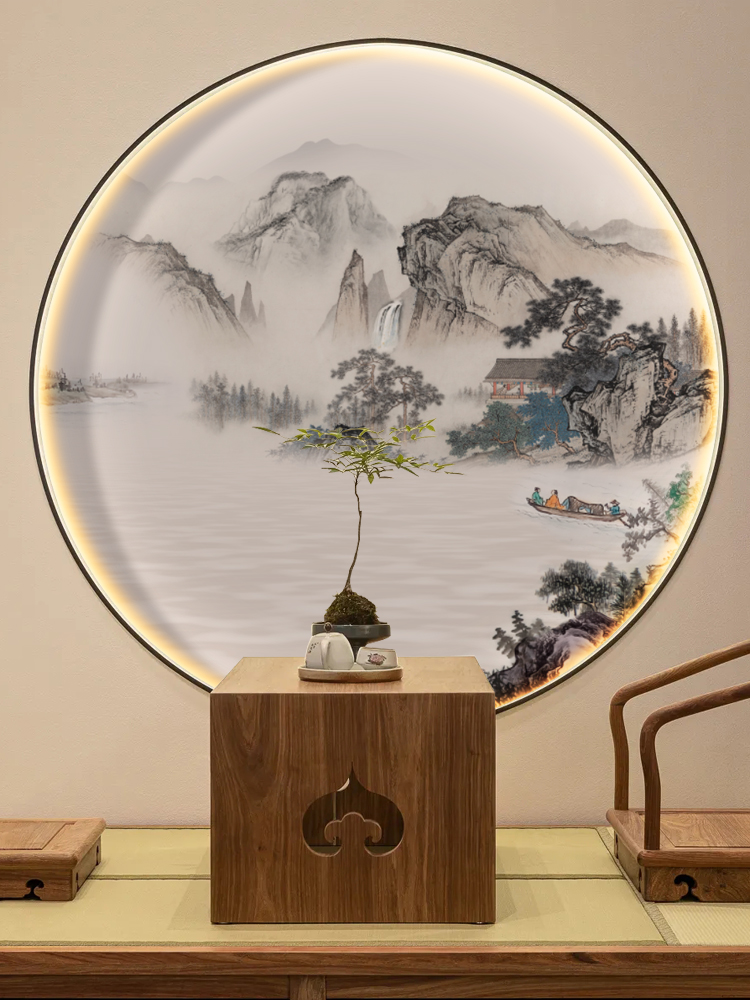 新中式背景墙壁纸圆形画芯3d装饰画入户玄关山水画禅意茶室水墨画图片