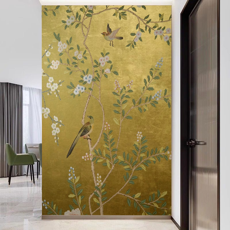 中古风喜上眉梢油画客厅装饰画花鸟图喜鹊金色入户门玄关壁画