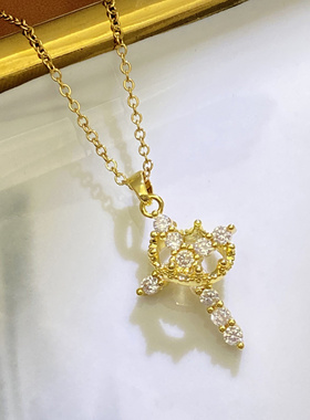 跨境爆款满钻十字架皇冠项链女轻