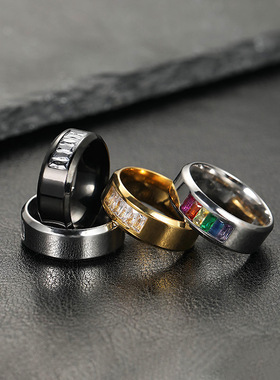 钛钢男戒8mm镶钻高级时尚