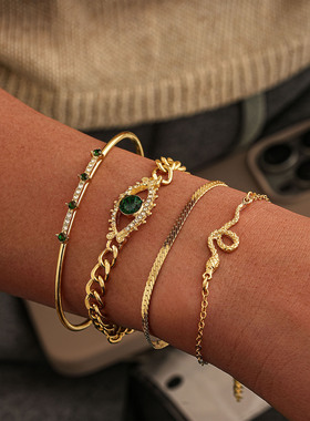 欧美个性新款金色手链 个性时尚眼睛点钻4条套装手链开口手镯手饰