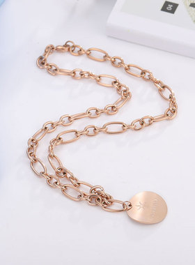 韩版新款流行粗链条圆牌项链女钛
