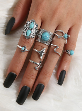 新款个性时尚镶钻绿松石关节戒指 个性月牙鱼尾8件套组合戒指女