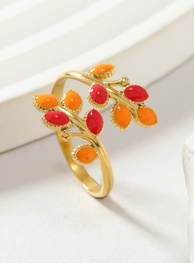 跨境不锈钢滴油树叶开口戒指