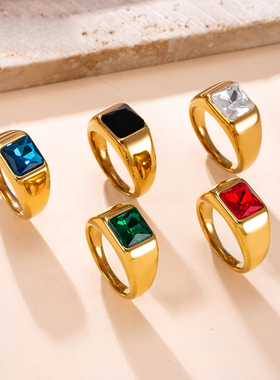 欧美轻奢方形锆石钛钢戒指