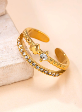 跨境钛钢双层爱心镶钻戒指