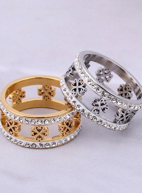 欧美风四叶草镶钻钛钢戒指