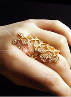 欧美个性首饰复古华丽奢华精致水晶镶钻树叶镀金镂空戒指环