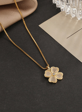 新款猫眼石四叶花锁骨链时尚k金