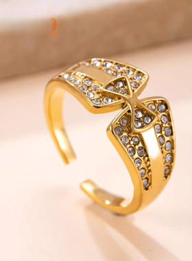 跨境新款钛钢镶钻蝴蝶结戒指