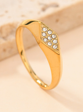 跨境不锈钢菱形镶钻戒指