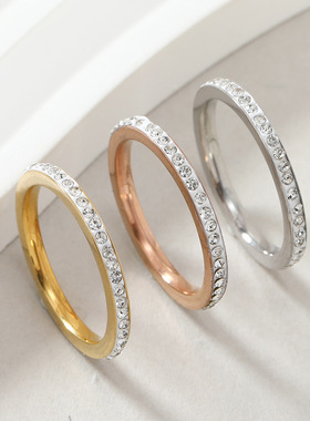 钛钢三色陶泥钻戒指三件套