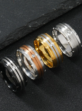 跨境钛钢拼接镶钻情侣戒指