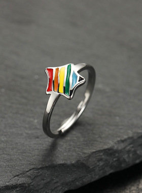 跨境彩虹爱心蓝红钛钢戒指