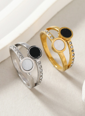 跨境轻奢钛钢双排镶钻贝壳戒