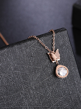 新款钛钢蝴蝶项链女玫瑰金