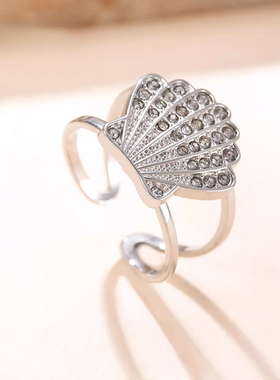 跨境夏季钛钢贝壳镶钻开口戒