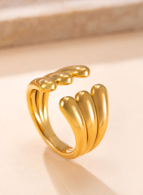 跨境钛钢镀18K金三层开口戒指