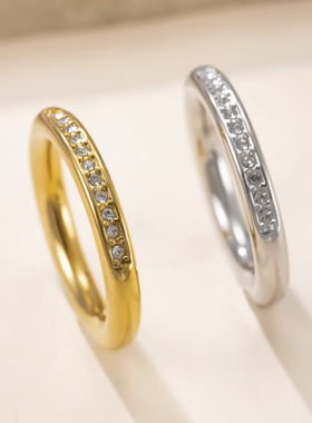 欧美潮流不锈钢镶钻素圈戒指