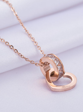 韩版钛钢玫瑰金潮流双环爱心镶钻