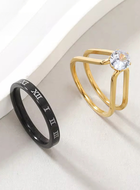 简约罗马数字镶锆石情侣钛钢戒指
