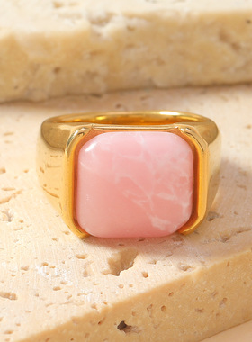 跨境时尚不锈钢几何镶粉松石戒指