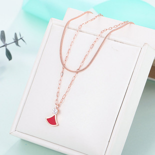 新款简约双层红色扇形项链女 钛钢玫瑰金多层红裙镶钻锁骨链批发