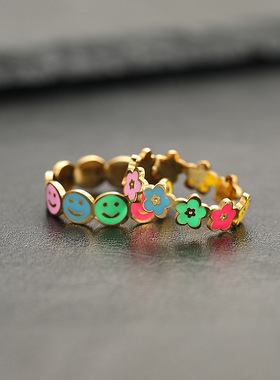钛钢彩色笑脸花朵戒指，跨境饰品