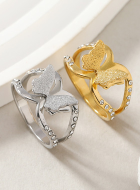 欧美简约双层磨砂蝴蝶镶钻钛钢戒