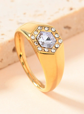 跨境时尚六边形彩钻钛钢戒指