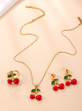 韩版甜美草莓樱桃钛钢首饰套装