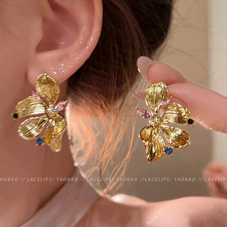超仙法式复古彩色锆石金色花朵高级感复古耳环女新款轻奢耳钉耳饰,饰品/流行首饰/时尚饰品新,耳钉,淘宝优惠券,粉丝福利购,淘宝优惠卷