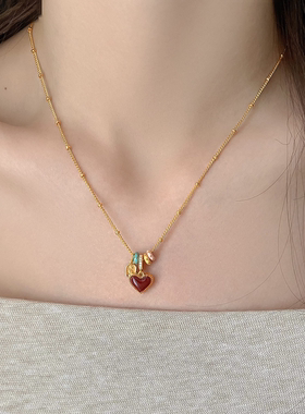 红色双面爱心复古简约锁骨链女