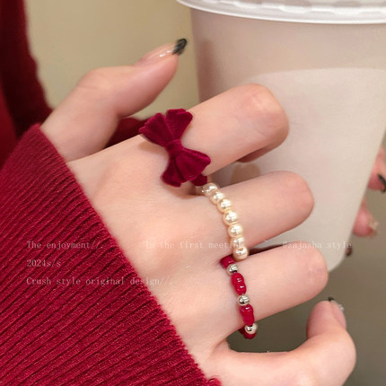 安可拉红色丝绒珠珠戒指女款甜美叠戴食指戒轻奢高级指环小众气质