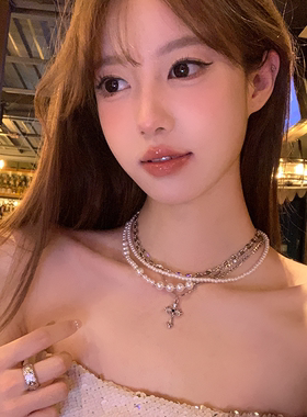 千金缪斯 叠戴十字架珠珠轻奢设计项链甜酷choker锁骨链配饰女生