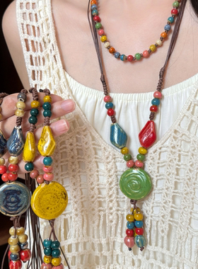 夏日多巴胺彩色陶瓷串珠项链新中式设计气质小众时尚毛衣链配饰品