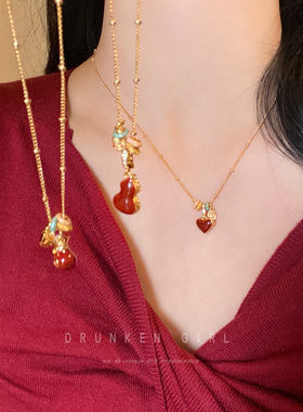 红色双面贝母爱心锁骨链本命年