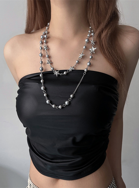 欧美个性五角星珠珠链条长款项链