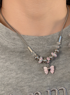 日韩粉色蝴蝶结螺纹串珠项链