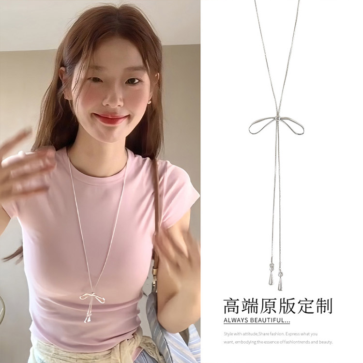 甜美简约抽拉蝴蝶结项链女韩系小众高级感时尚设计长款卫衣链配饰