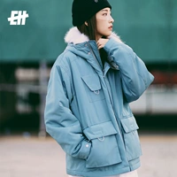 Ehidal thương hiệu PSO mùa đông ấm có thể tháo rời lông cổ áo cotton quần áo dụng cụ nhiều túi áo khoác ngắn - Bông áo jean nam