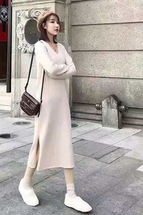 百搭针织连衣裙女秋冬季 过膝打底毛衣女 新款 弹力v领显瘦长款