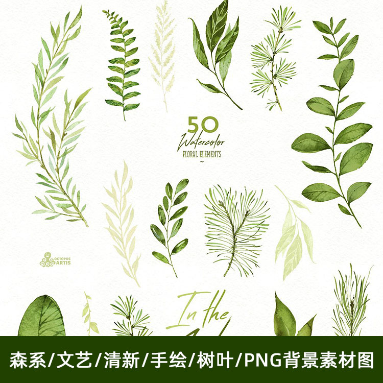 ins森系清新水彩手绘叶子花草植物绿色春夏背景海报免扣高清png