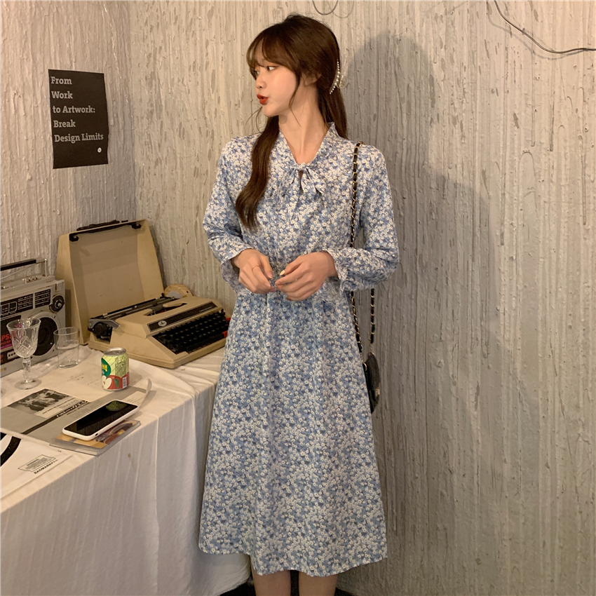 Real shot floral dress women's middle length small skirt 2021 new spring waist fashion